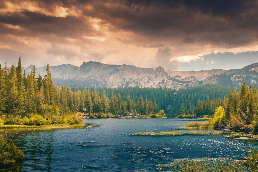 A lake with trees and mountains in the background