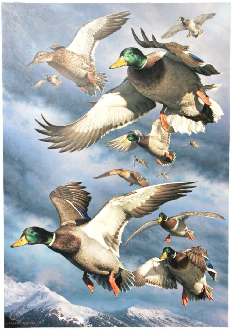 A painting of ducks flying in the sky