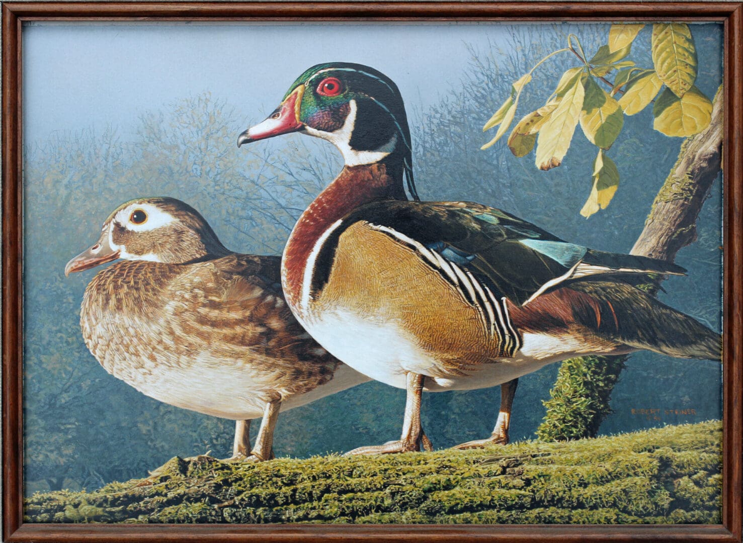 A painting of two ducks on the ground