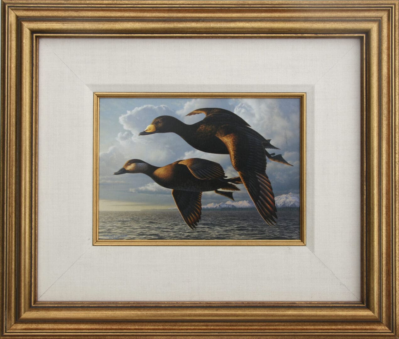 A painting of two ducks flying in the air.