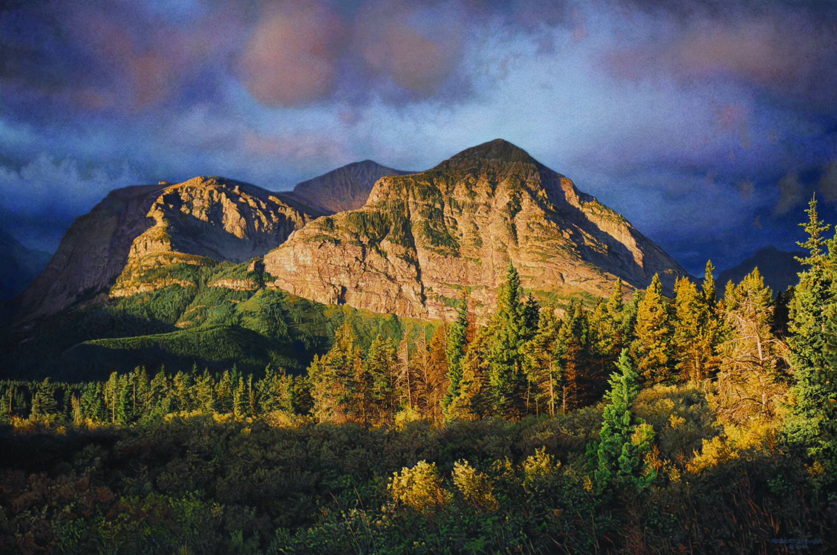 A painting of the mountains and trees in the background