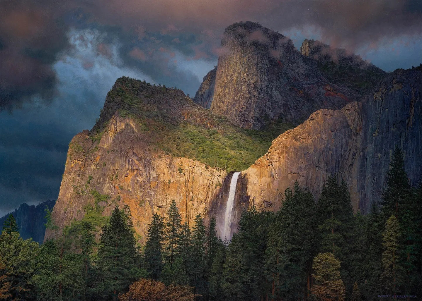 A painting of a waterfall in the mountains